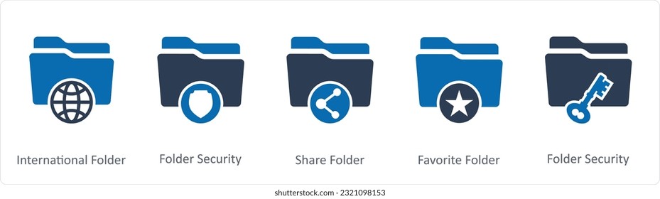 A set of 5 Document icons as international folder, folder security, share folder