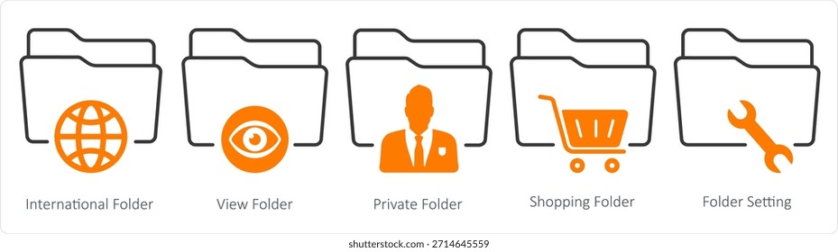 Un conjunto de 5 iconos de documento como carpeta internacional, carpeta de vista, carpeta privada