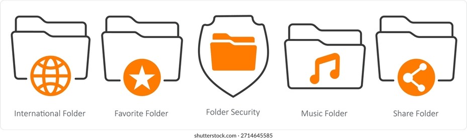 Un conjunto de 5 iconos de documentos como carpeta internacional, carpeta favorita, seguridad de carpeta