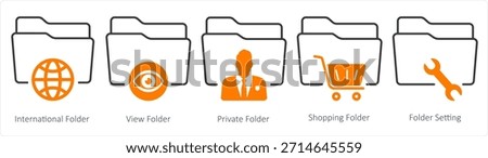A set of 5 document icons as international folder, view folder, private folder