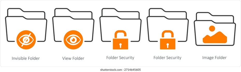 Un conjunto de 5 iconos de documentos como carpeta invisible, carpeta de vista, carpeta de seguridad