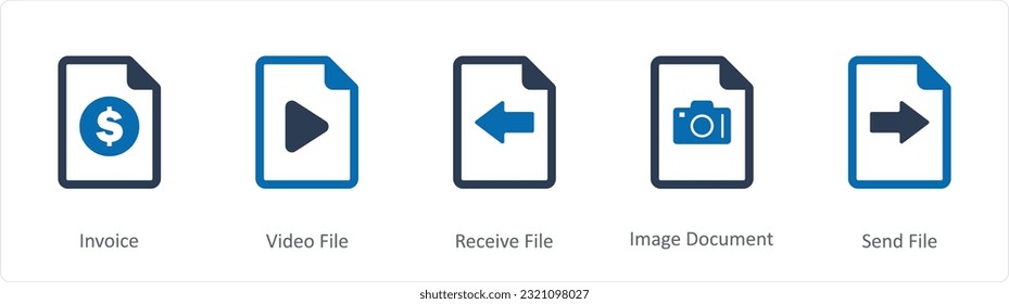 Un conjunto de 5 iconos de documento como factura, archivo de vídeo, archivo de recepción