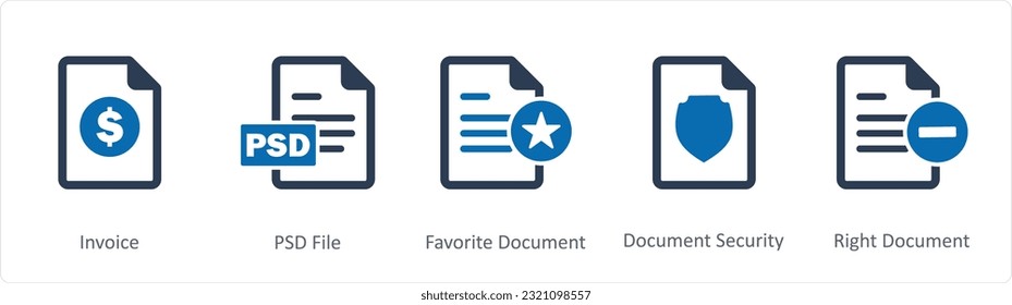 A set of 5 Document icons as invoice, psd file, favorite document