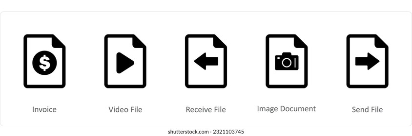 Un conjunto de 5 iconos de documento como factura, archivo de vídeo, archivo de recepción