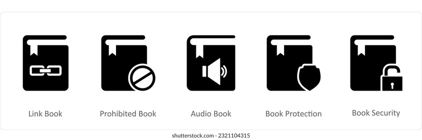 Un conjunto de 5 iconos de documento como carpeta de enlace, libro prohibido, libro de audio