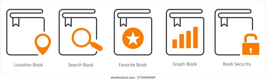 Un conjunto de 5 iconos de documentos como libro de ubicación, libro de búsqueda, libro favorito