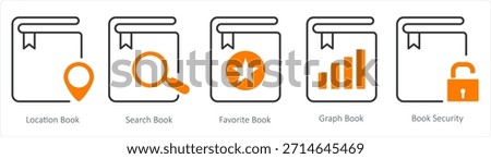 A set of 5 document icons as location book, search book, favorite book