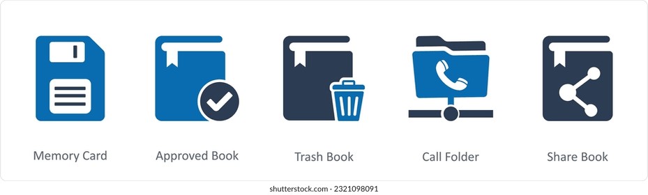 A set of 5 Document icons as memory card, approved book, trash book