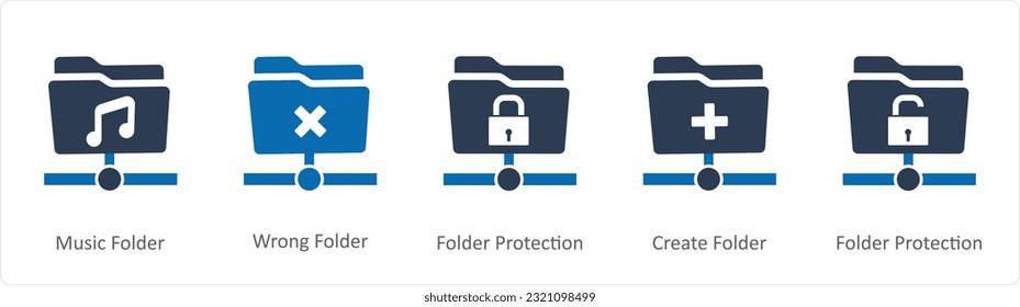 Un conjunto de 5 iconos de documento como carpeta de música, carpeta incorrecta, protección de carpetas
