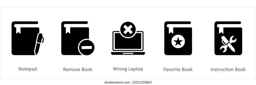 A set of 5 Document icons as notepad, remove book, wrong laptop