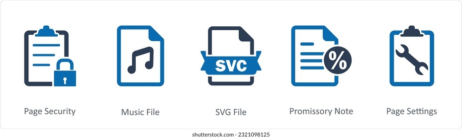 Un conjunto de 5 iconos de documento como seguridad de página, archivo de música, archivo svg