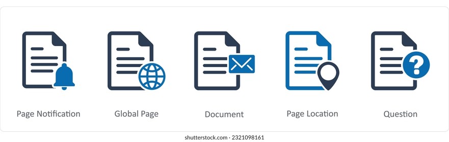 Un conjunto de 5 iconos de documento como notificación de página, página global, documento