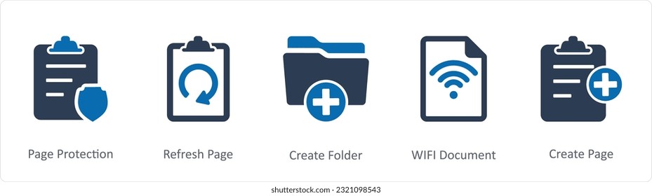 Un conjunto de 5 iconos de documento como protección de página, actualización de página, creación de carpeta