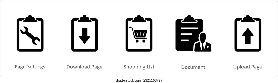 A set of 5 Document icons as page settings, download page, shopping list
