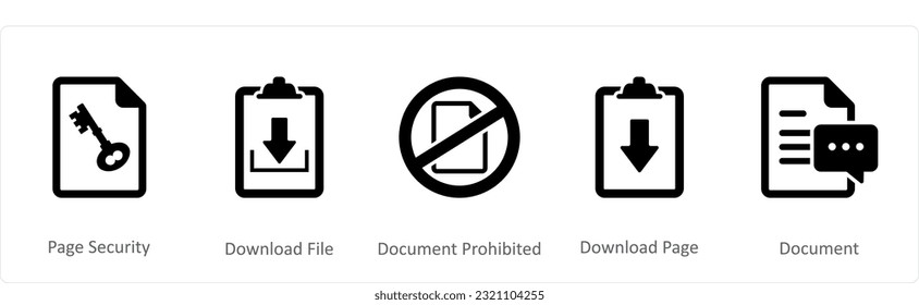 Un conjunto de 5 iconos de documento como seguridad de página, archivo de descarga, documento prohibido