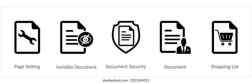 A set of 5 Document icons as page setting, invisible document, document security