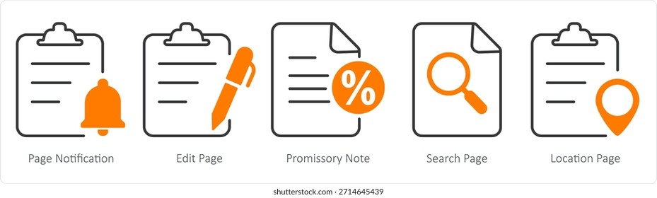 Un conjunto de 5 iconos de documento como notificación de página, página de edición, pagaré
