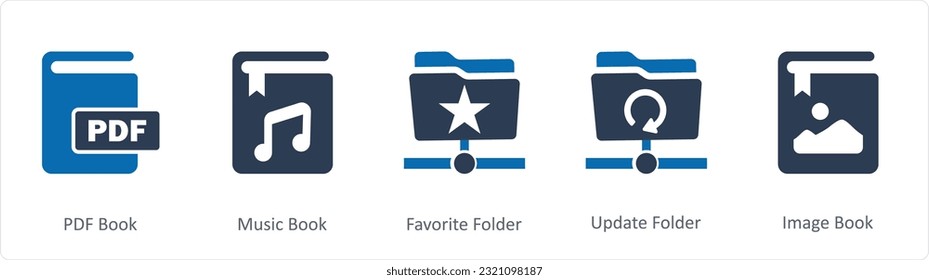 Un conjunto de 5 iconos de documento como libro pdf, libro de música, carpeta favorita
