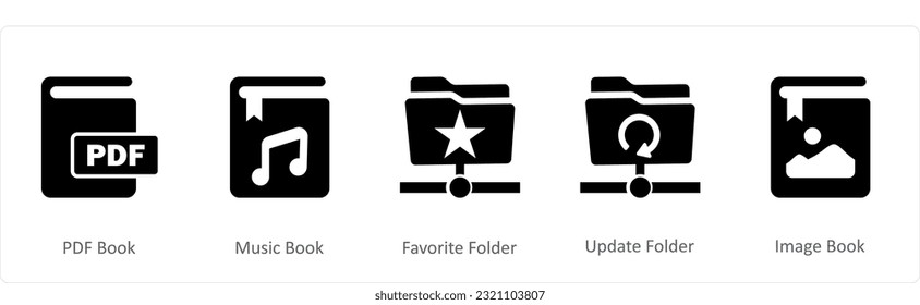 A set of 5 Document icons as pdf book, music book, favorite folder