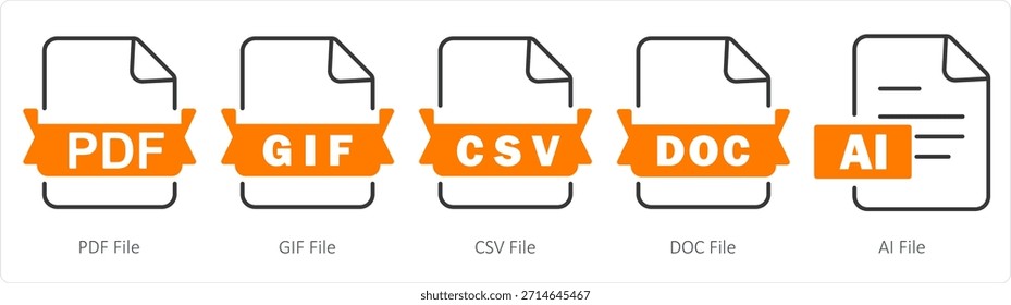 Um conjunto de 5 ícones de documento como arquivo pdf, arquivo gif, arquivo csv