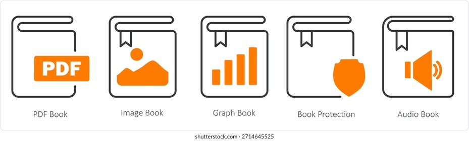 Um conjunto de 5 ícones de documento como livro em pdf, livro de imagens, livro de gráficos