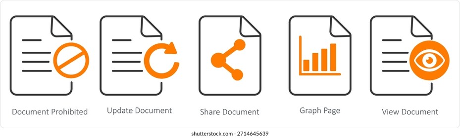Un conjunto de 5 iconos de documento como documento prohibido, documento de Actualizar, compartir documento