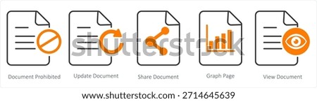 A set of 5 document icons as document prohibited, update document, share document
