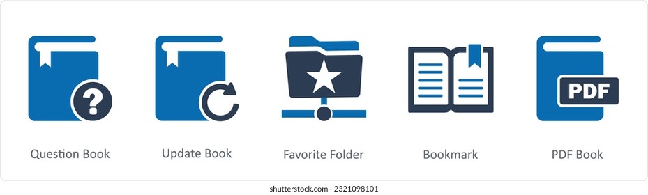 A set of 5 Document icons as question book, update book, favorite folder