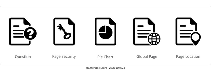 A set of 5 Document icons as question, page security, pie chart