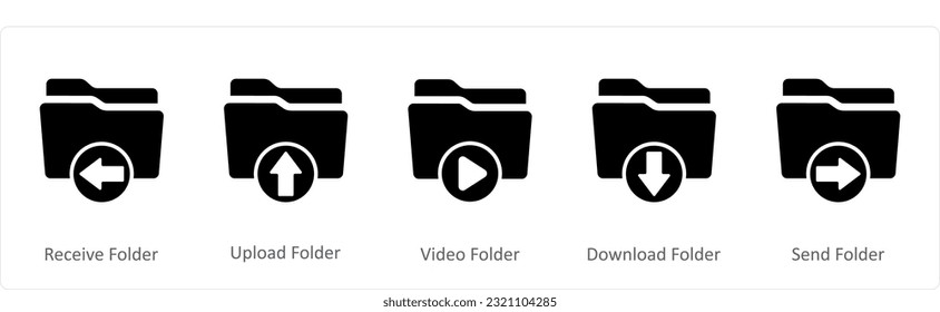 A set of 5 Document icons as receive folder, upload folder, video folder