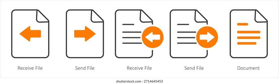 Um conjunto de 5 ícones de documento como arquivo de recebimento, arquivo de envio, documento