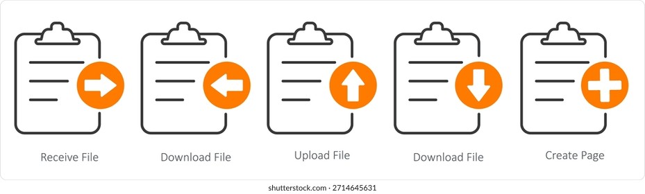 A set of 5 document icons as receive file, download file, upload file