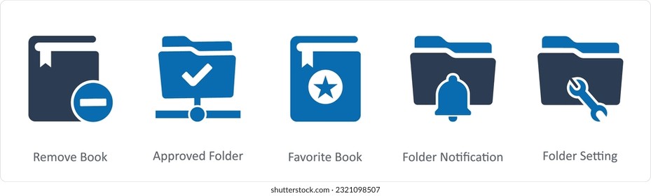 A set of 5 Document icons as remove book, approved folder, favorite book