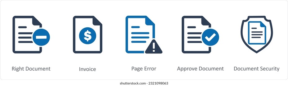 A set of 5 Document icons as right document, invoice, page error