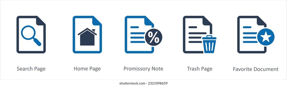 A set of 5 Document icons as search page, home page, promissory note