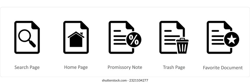 Un conjunto de 5 iconos de documento como página de búsqueda, página de inicio, pagaré