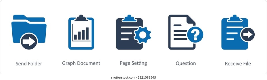 Un conjunto de 5 iconos de documento como carpeta de envío, documento de gráfico, configuración de página