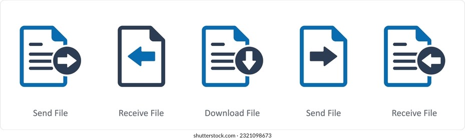 Un conjunto de 5 iconos de documento como archivo de envío, archivo de recepción, archivo de descarga