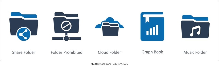 Un conjunto de 5 iconos de documento como carpeta compartida, carpeta prohibida, carpeta en la nube