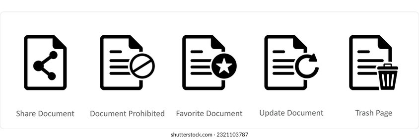 Un conjunto de 5 iconos de documento como documento compartido, documento prohibido, documento favorito