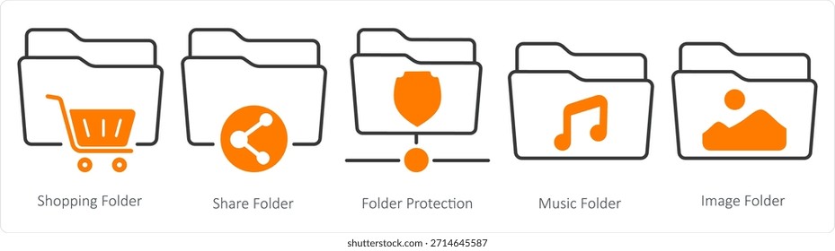 Un conjunto de 5 iconos de documentos como carpeta de compras, carpeta compartida, protección de carpetas