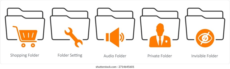 Un conjunto de 5 iconos de documento como carpeta de compras, configuración de carpeta, carpeta de audio