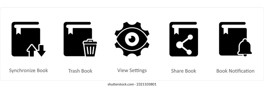 A set of 5 Document icons as synchronize book, trash book, view settings
