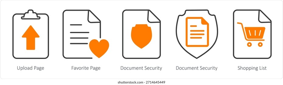 Un conjunto de 5 iconos de documento como página de Cargar, página favorita, seguridad del documento