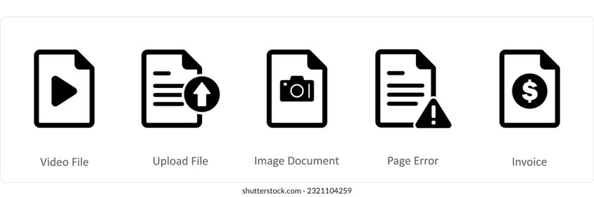 A set of 5 Document icons as video file, upload file, image document
