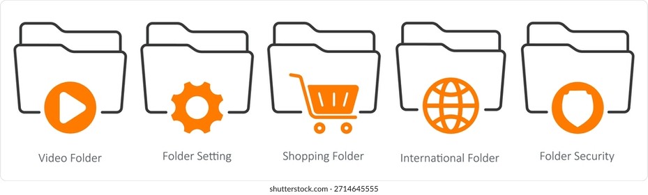 Video Un conjunto de 5 iconos de documento como carpeta, configuración de carpeta, carpeta de compras