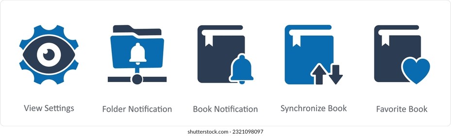 A set of 5 Document icons as view setting, folder notification, book notification