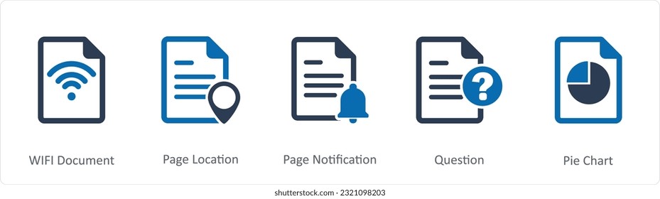 A set of 5 Document icons as wifi document, page location, page notification