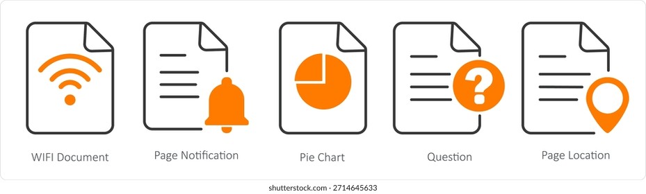 Ein Satz von 5 Dokument-Icons als WiFi-Dokument, Seitenbenachrichtigung, Tortendiagramm