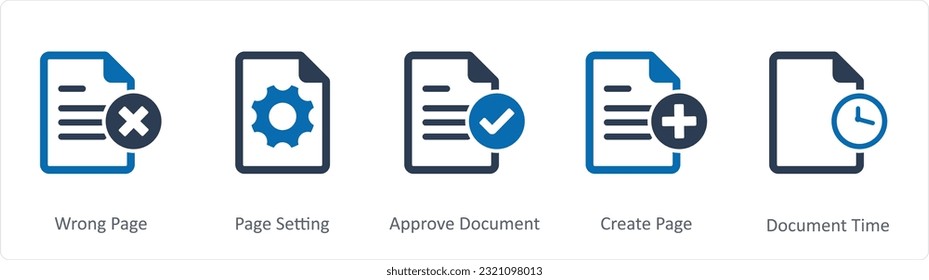 A set of 5 Document icons as wrong page, page setting, approved document